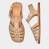 LOQ Rio sandal in taupe leather fisherman sandal pair top view showing woven upper and ankle strap