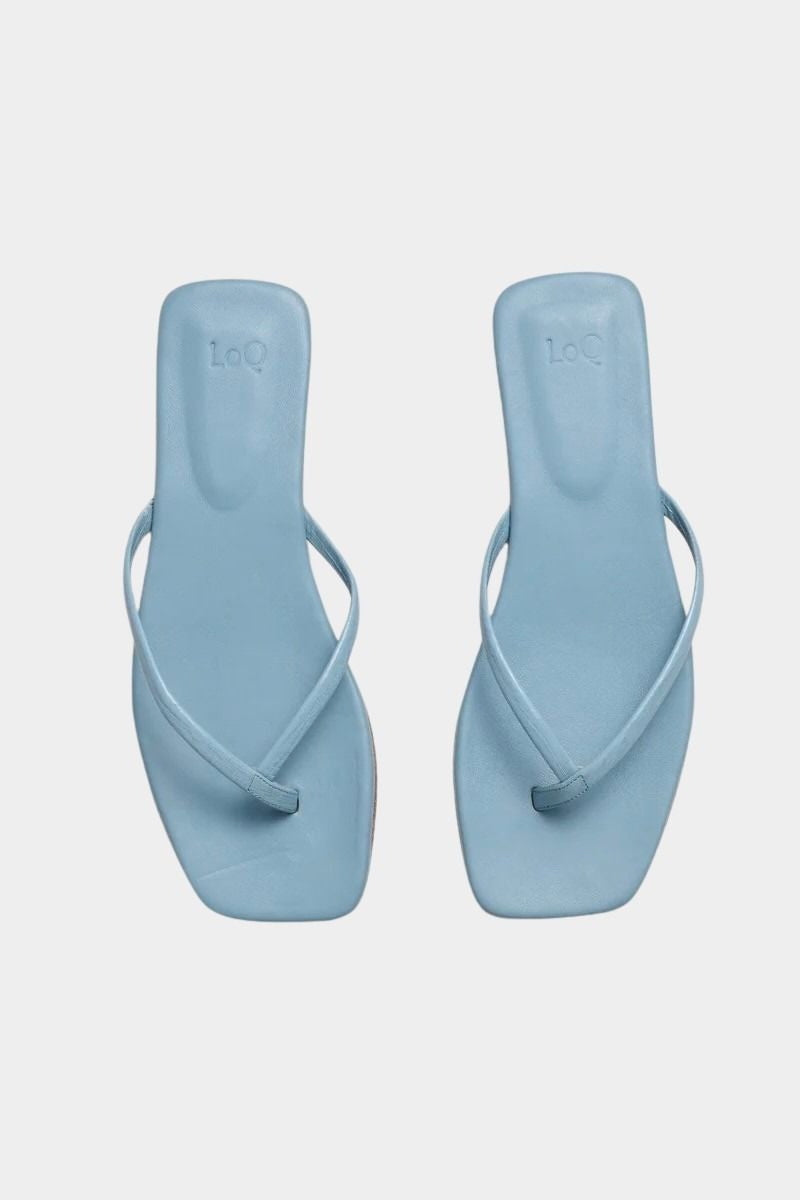 LOQ Salina sandal in ocean blue leather minimal thong sandal top view with square toe and slim straps
