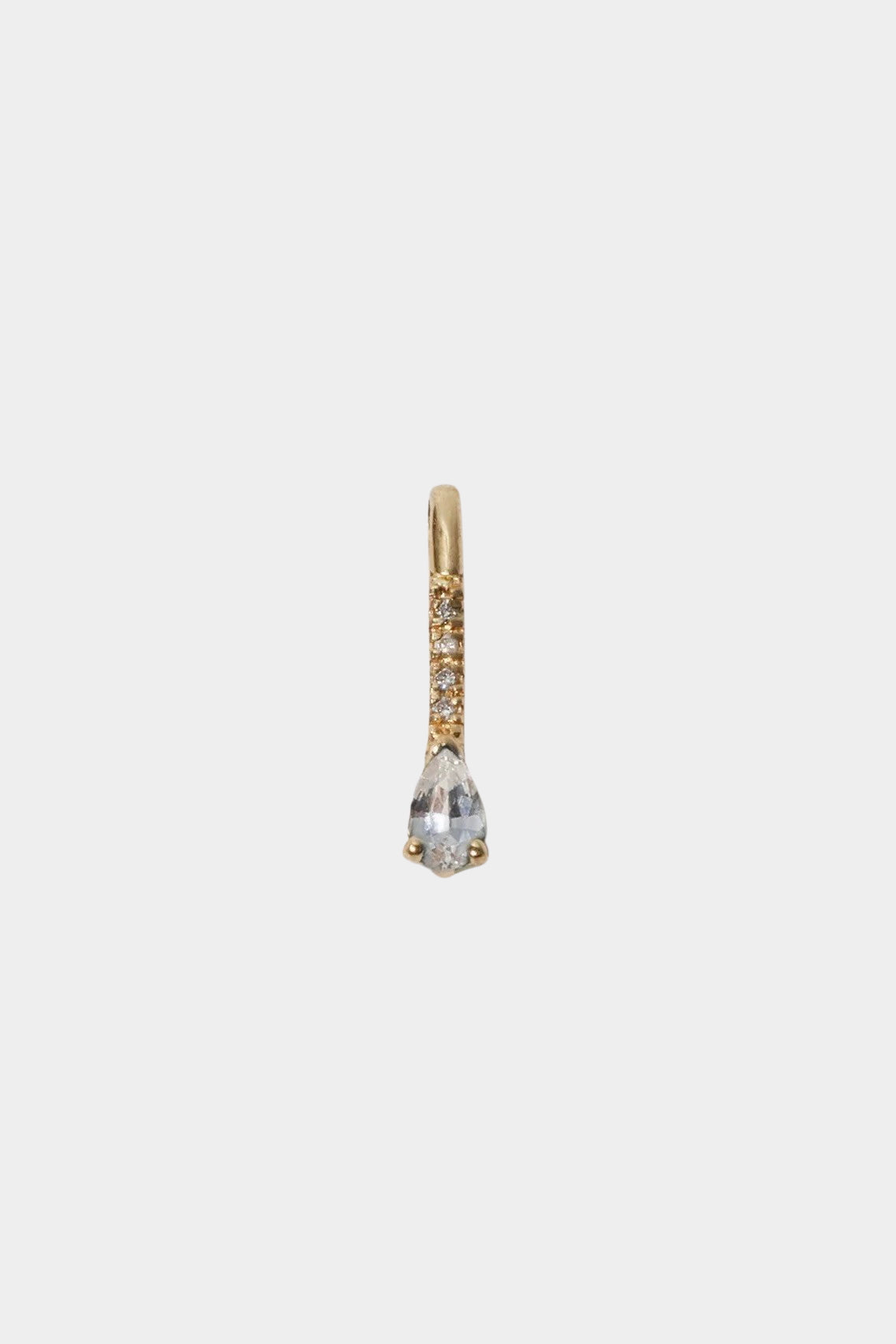 14K gold drop hoop earring with diamond and sapphire accents.