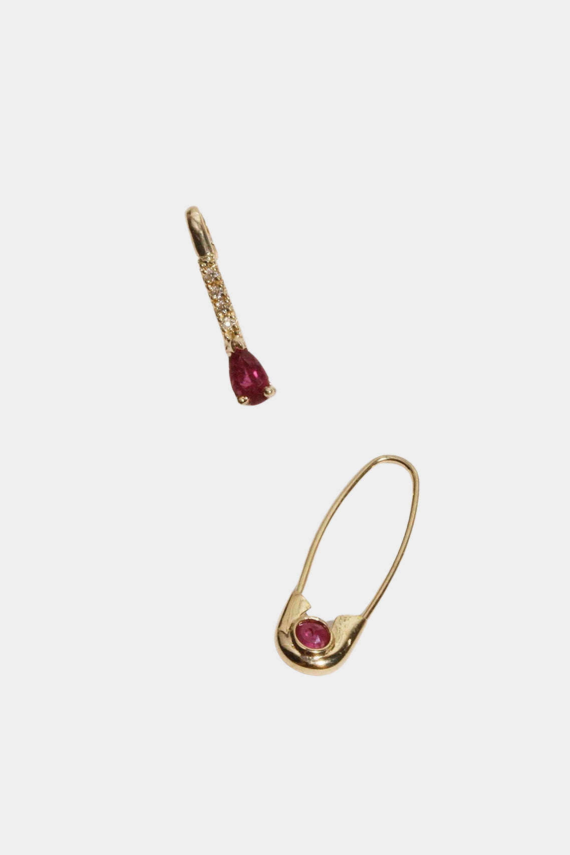 Loren Stewart ruby safety pin earrings in 14k yellow gold at YUCCA Denver