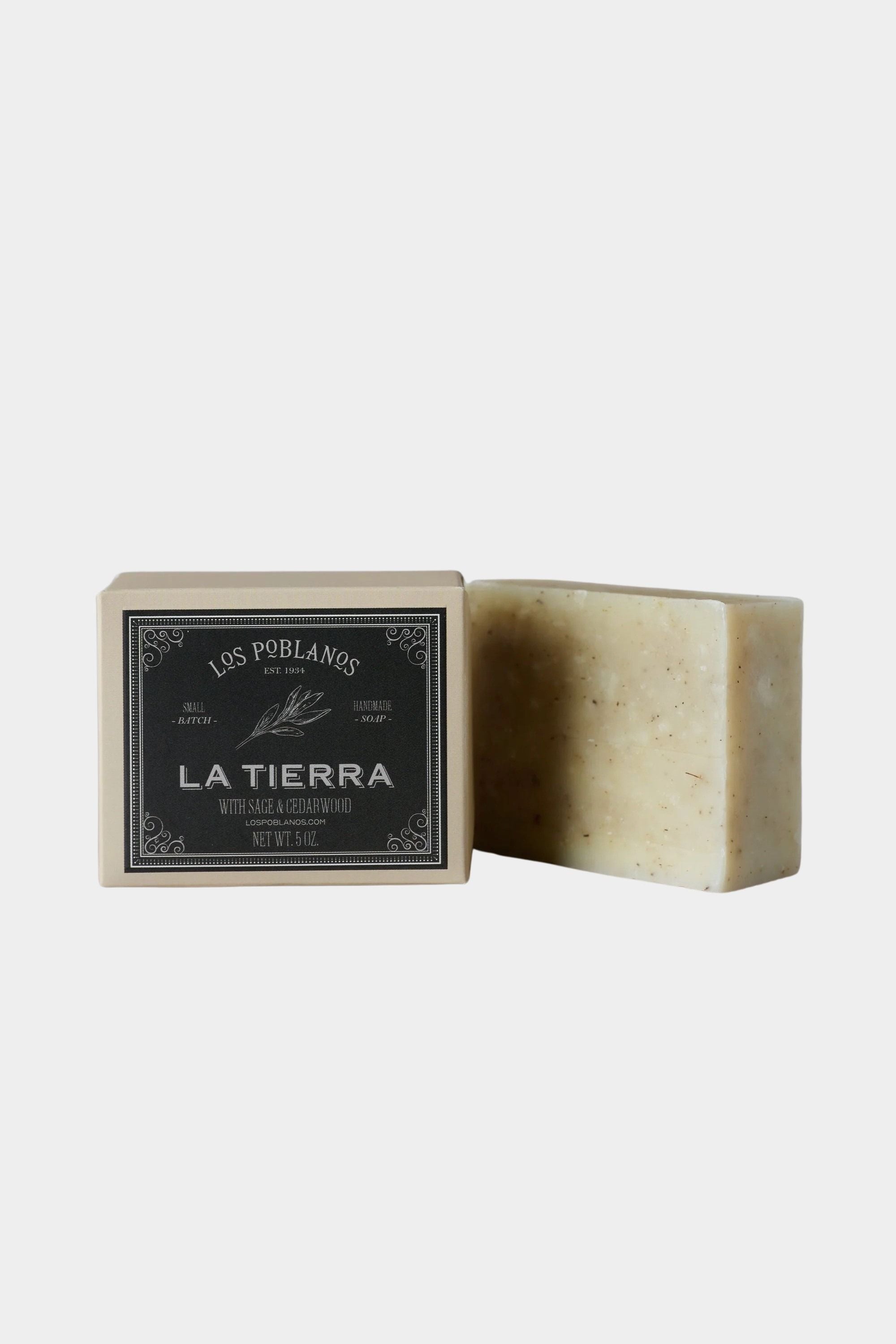 Los Poblanos La Tierra Bar Soap with sage and cedarwood beside branded packaging at YUCCA Denver
