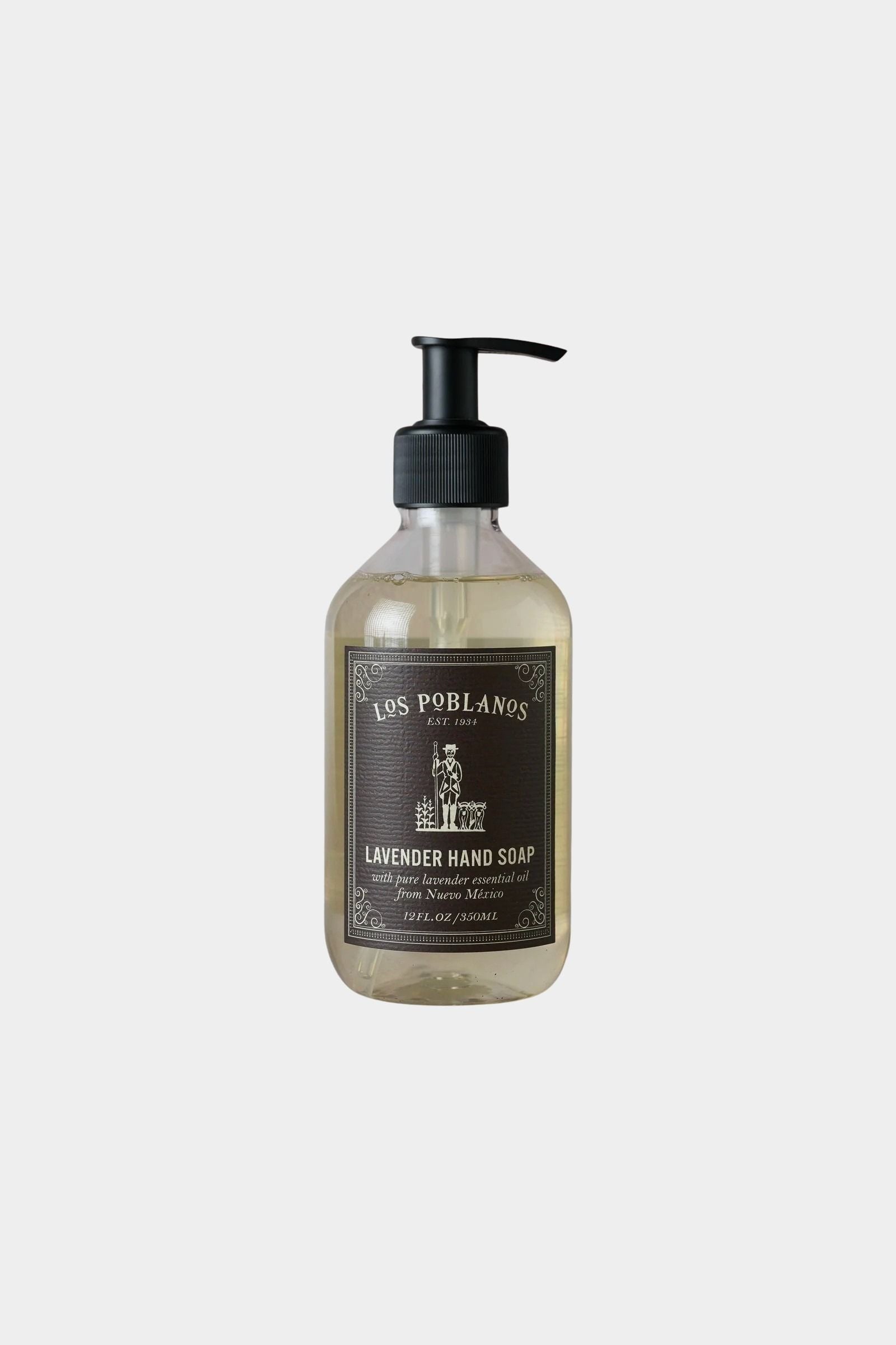 Los Poblanos Lavender Hand Soap 12 oz pump bottle with black label and lavender essential oil at YUCCA Denver