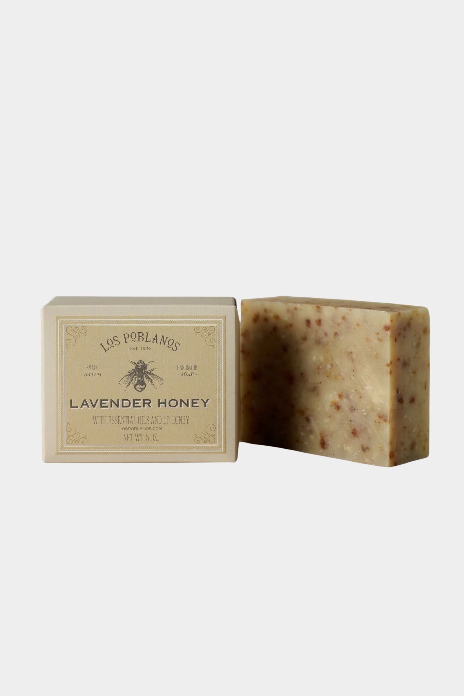 Los Poblanos Lavender Honey Bar Soap with local honey and lavender beside branded packaging at YUCCA Denver