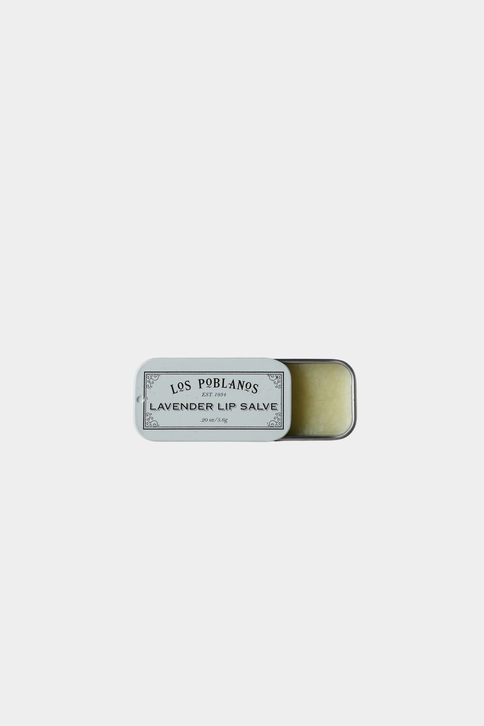 Los Poblanos Lavender Lip Salve in silver sliding travel tin with lavender essential oil at YUCCA Denver