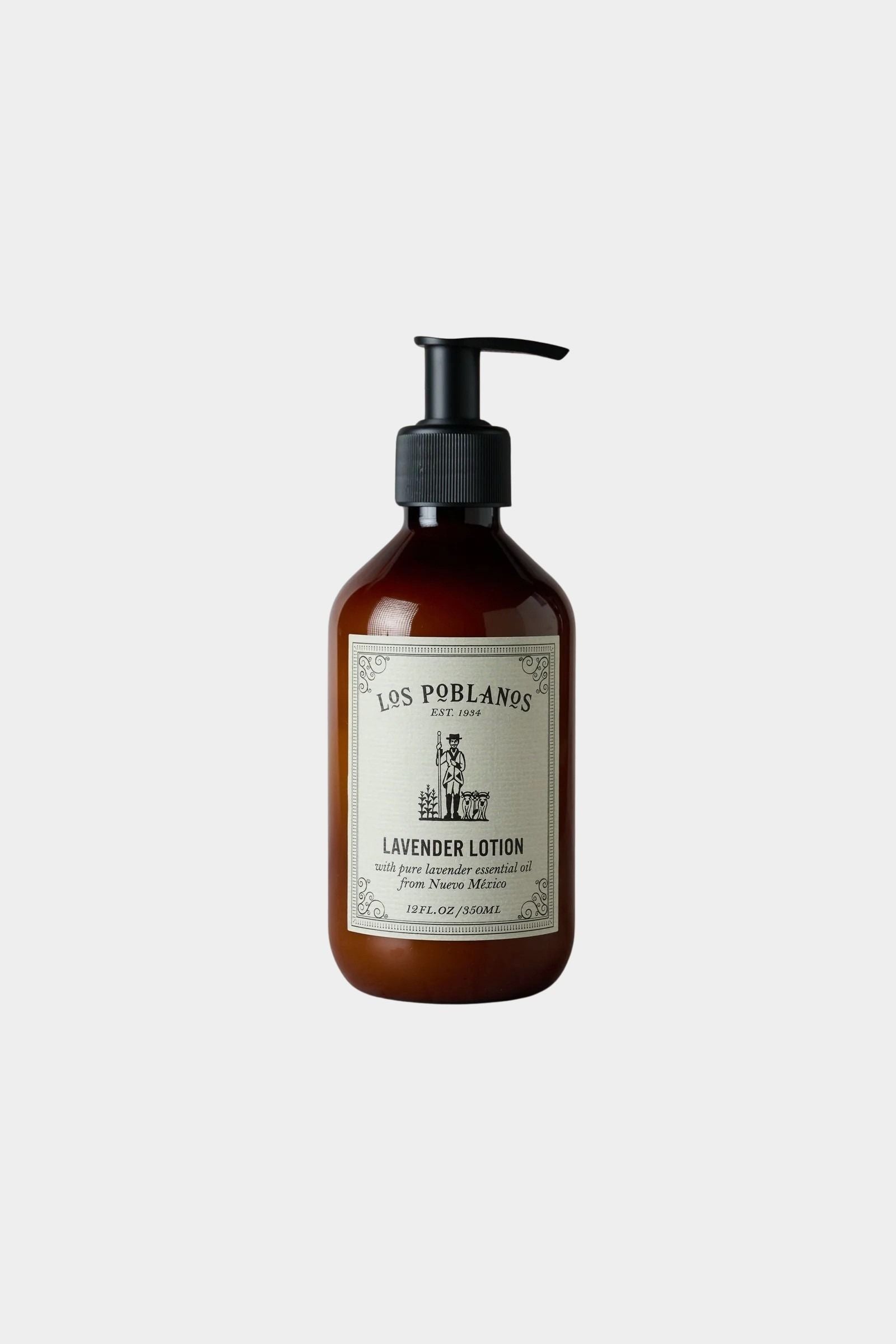 Los Poblanos Lavender Lotion 12 oz amber pump bottle with lavender essential oil at YUCCA Denver