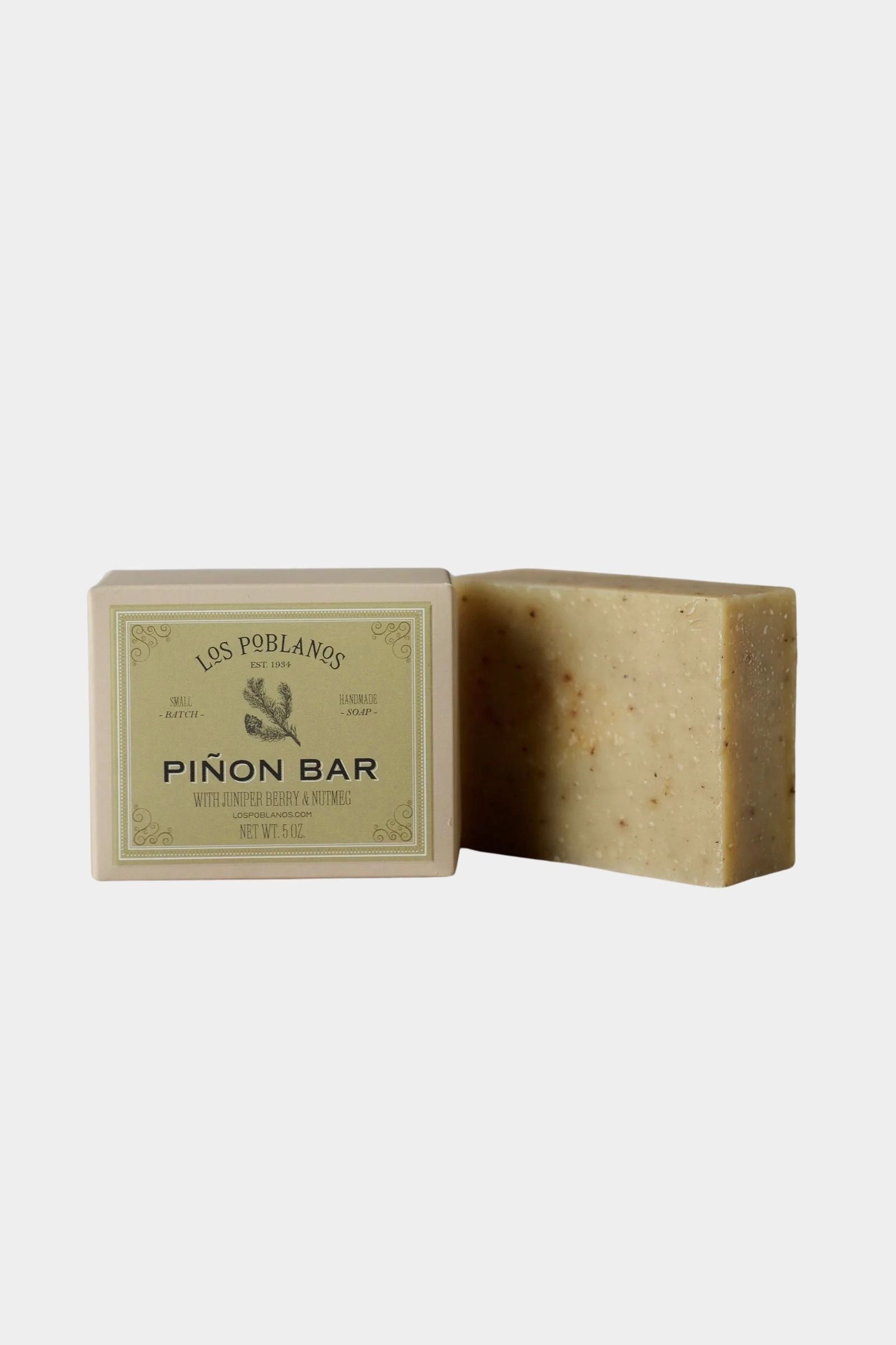 Los Poblanos Piñon Bar Soap with woodsy botanical oils and branded packaging, product image at YUCCA Denver