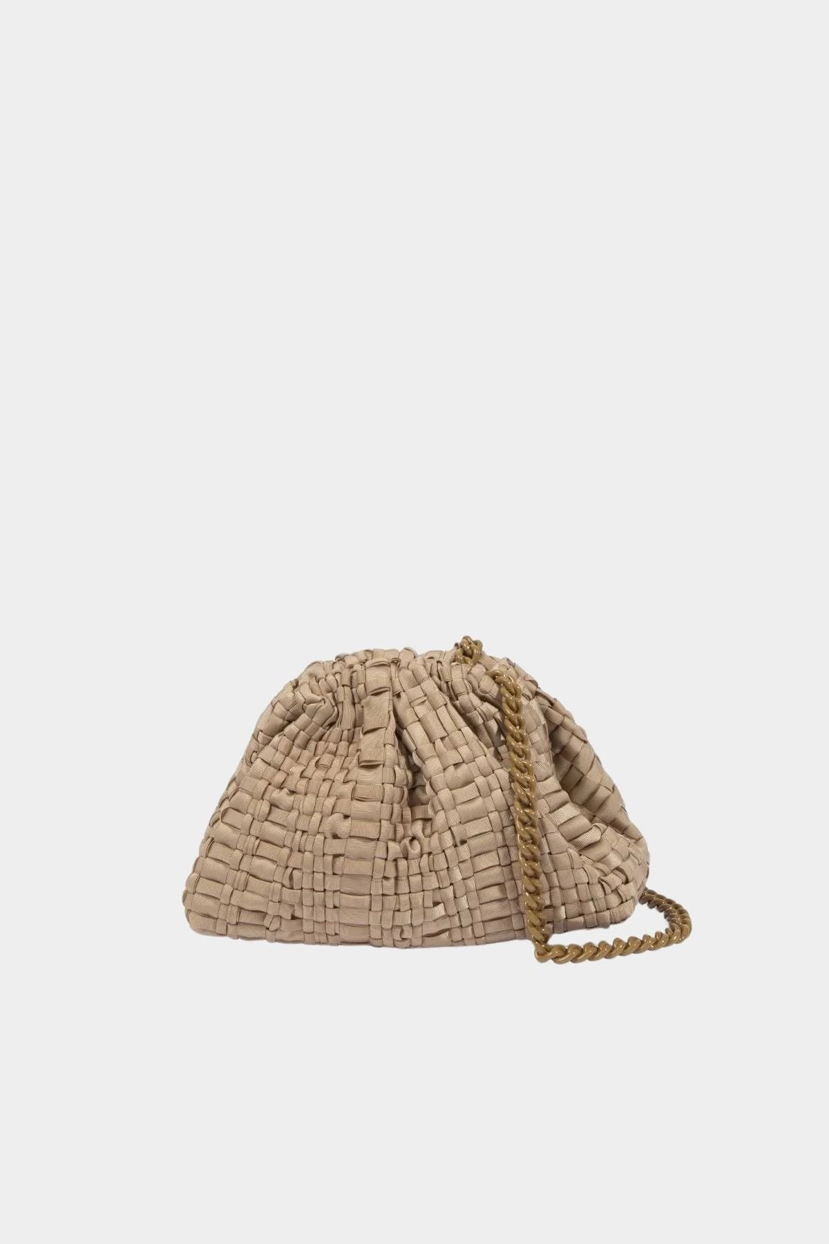 Maria La Rosa Mini Game Bag in Biscotto woven ribbon handbag with tonal chain strap