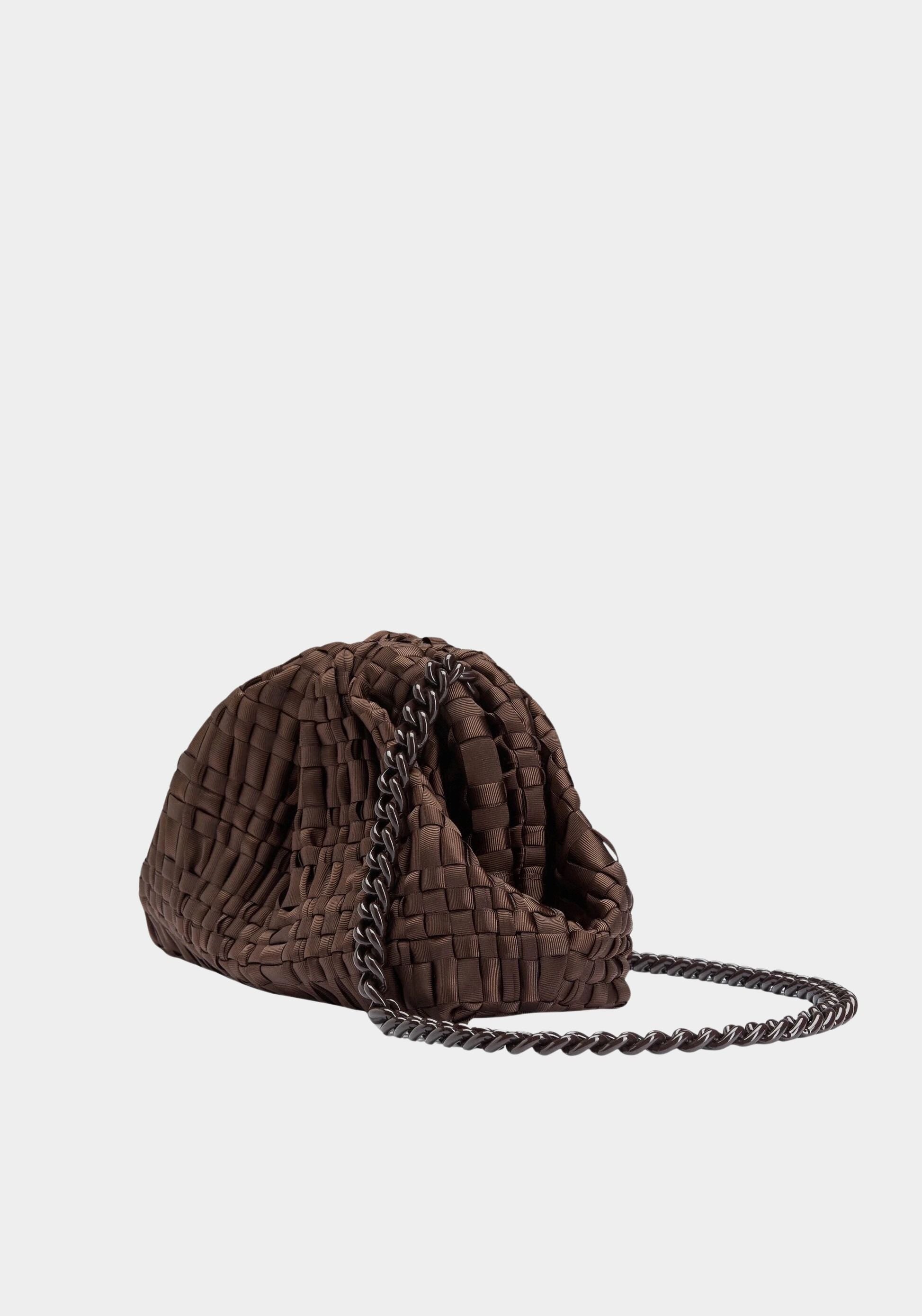 Maria La Rosa Mini Game Bag in Dark Brown woven ribbon handbag with tonal chain strap