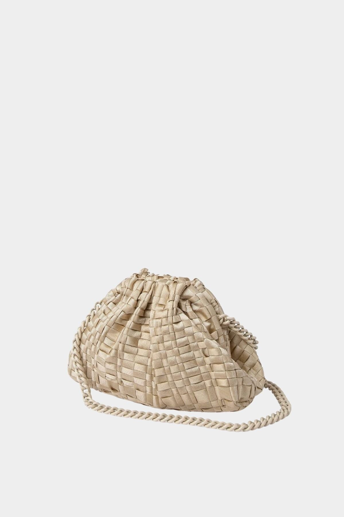 Side view of Maria La Rosa Mini Game Bag in Satin Gold woven ribbon handbag