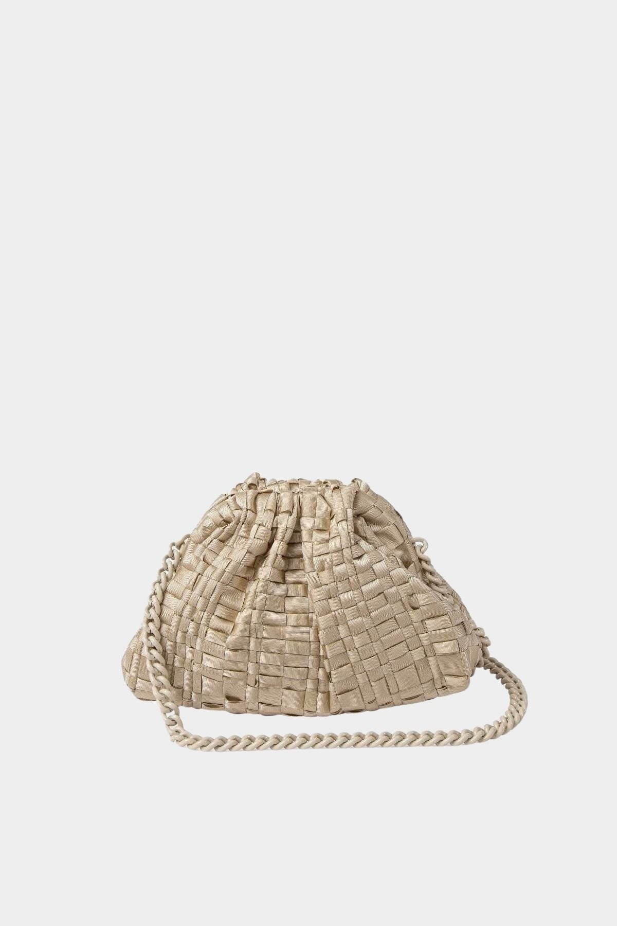 Maria La Rosa Mini Game Bag in Satin Gold woven ribbon handbag with tonal chain strap