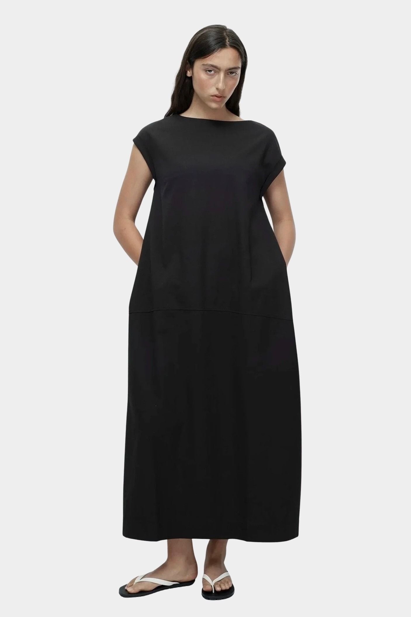 Mijeong Park balloon maxi dress black full length front view relaxed balloon silhouette side pockets