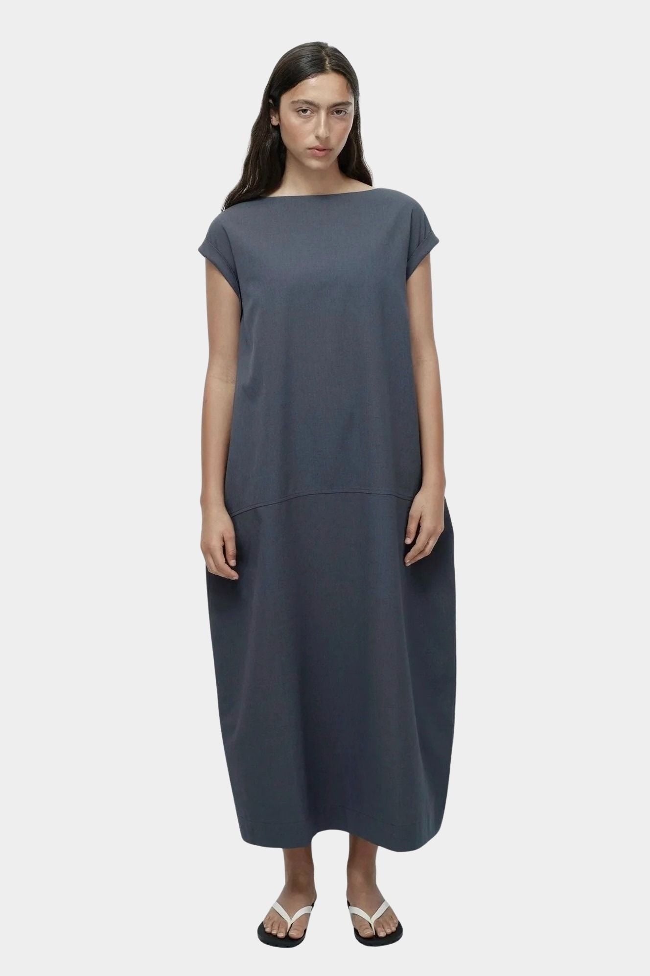 Mijeong Park balloon maxi dress blue gray full length front view structured balloon shape crew neck