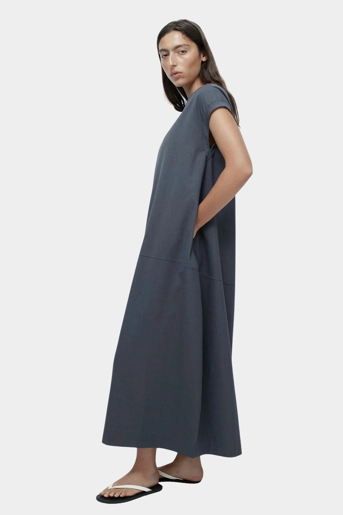 Mijeong Park balloon maxi dress blue gray side view relaxed silhouette cap sleeves
