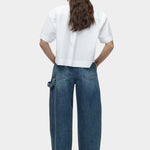 Mijeong Park blue barrel leg patch denim back view relaxed sculpted barrel leg jeans in structured cotton denim