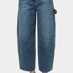 Mijeong Park barrel leg patch denim blue relaxed mid rise barrel leg jeans with front patch pockets modern sculpted denim silhouette