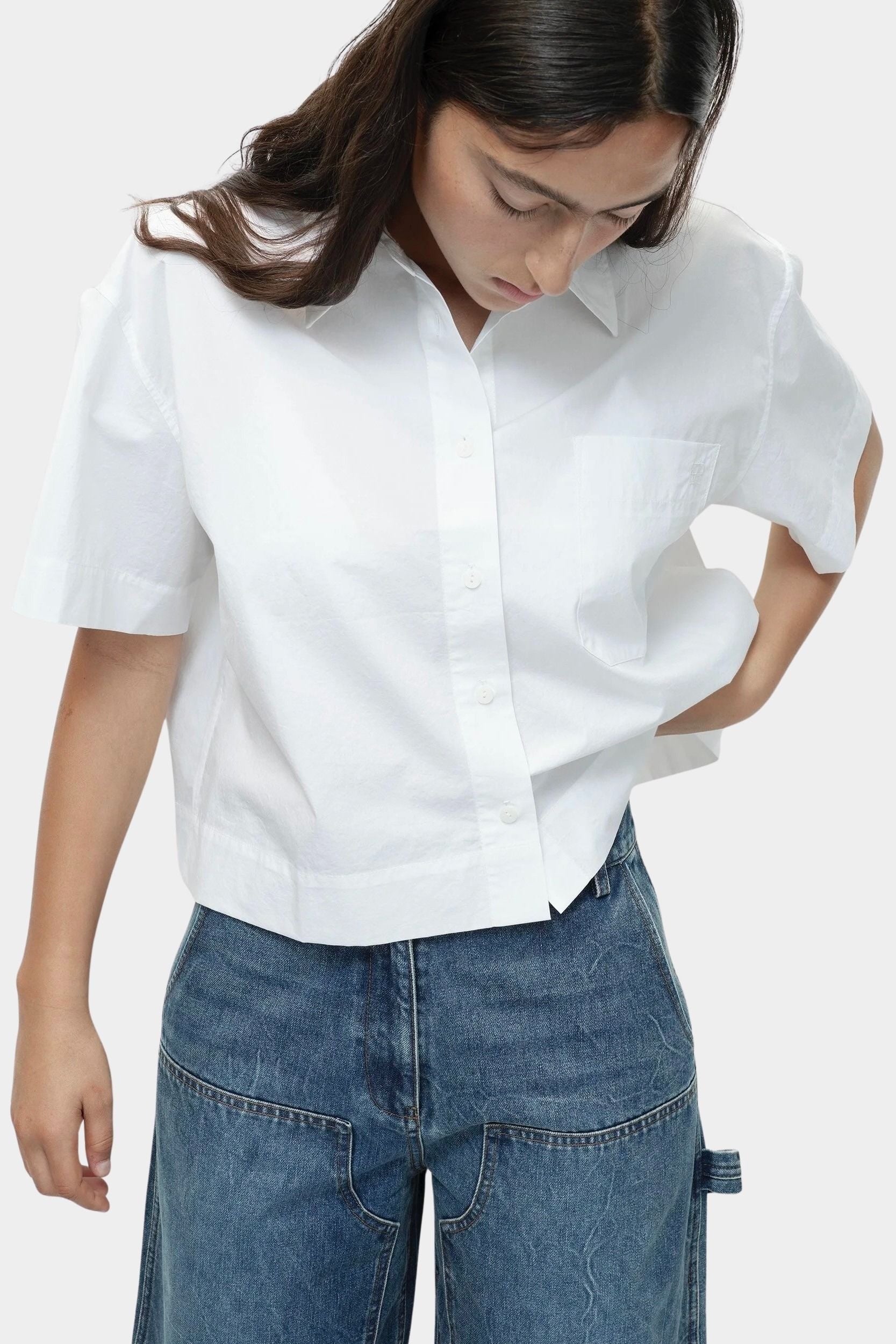Mijeong Park blue barrel leg patch pocket denim waist detail mid rise barrel jeans with front patch pockets