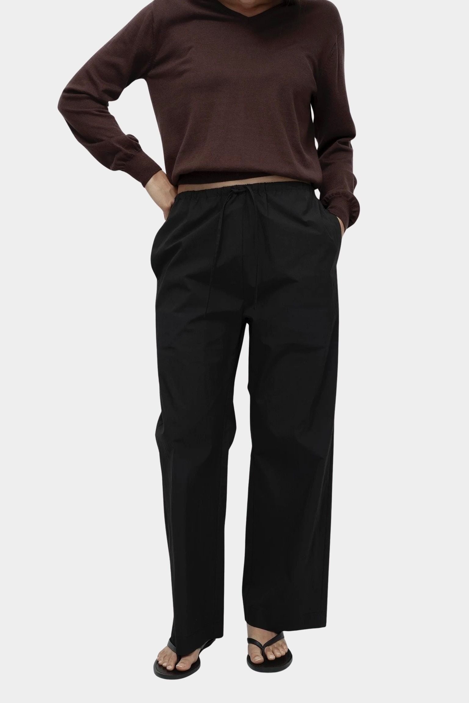 Mijeong Park cotton drawstring pants black wide leg relaxed fit elastic waist womens minimalist designer trousers full length front