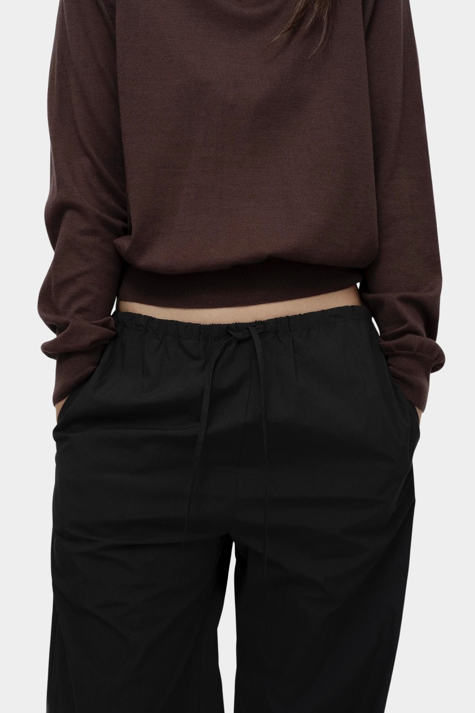 Mijeong Park cotton drawstring pants black relaxed wide leg trousers elastic waist minimalist womens designer pants detail