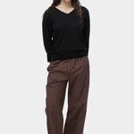 Mijeong Park cotton drawstring pants dark brown wide leg relaxed fit elastic waist womens minimalist designer trousers front view