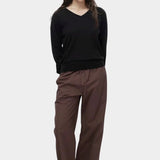 Mijeong Park cotton drawstring pants dark brown wide leg relaxed fit elastic waist womens minimalist designer trousers front view