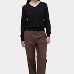 Mijeong Park dark brown cotton drawstring pants relaxed wide leg elastic waist minimalist womens designer trousers full outfit