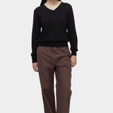 Mijeong Park dark brown cotton drawstring pants relaxed wide leg elastic waist minimalist womens designer trousers full outfit