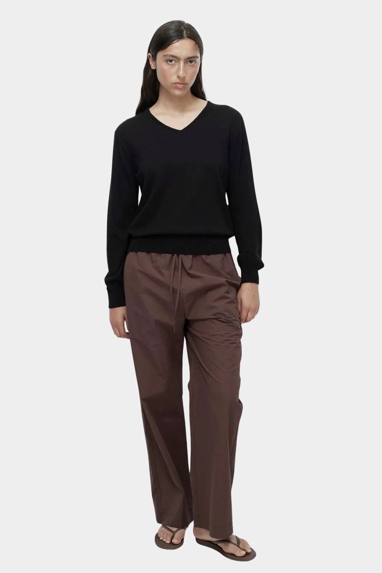 Mijeong Park dark brown cotton drawstring pants relaxed wide leg elastic waist minimalist womens designer trousers full outfit