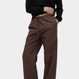 Mijeong Park dark brown cotton drawstring pants wide leg relaxed fit elastic waist womens designer trousers full length front