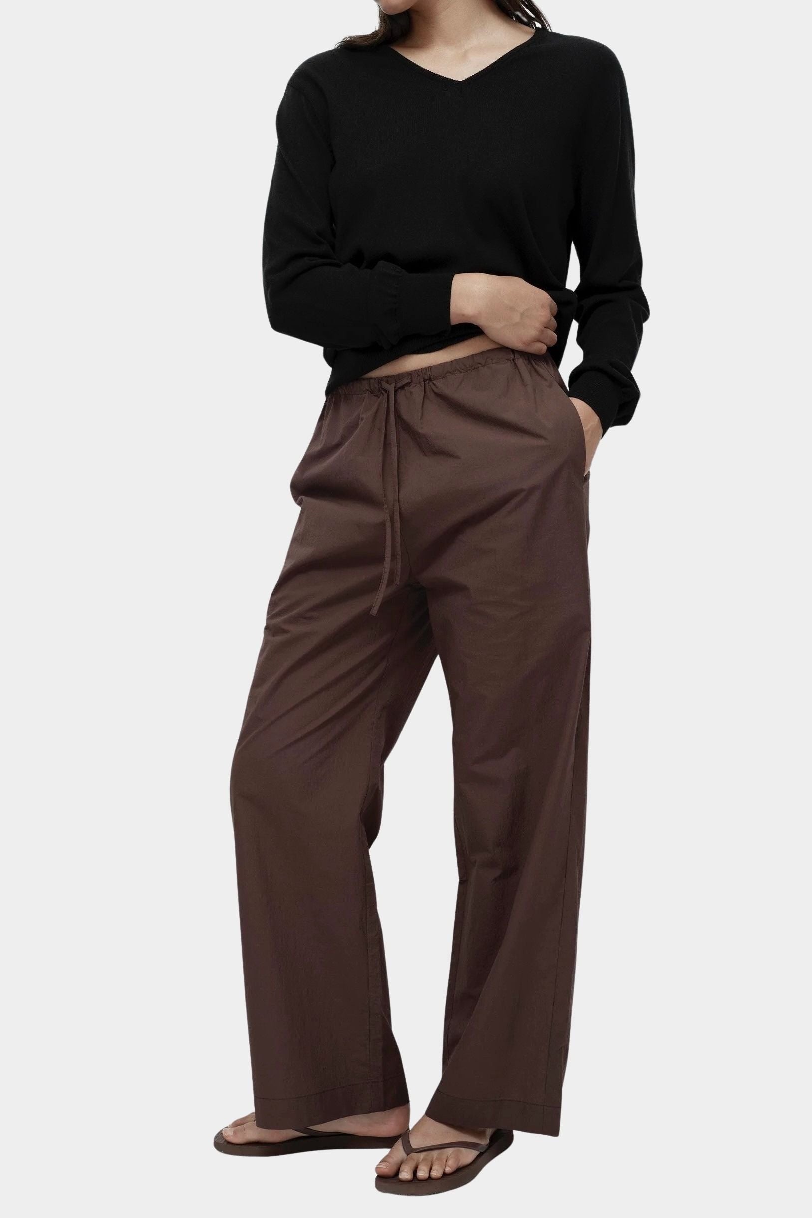 Mijeong Park dark brown cotton drawstring pants wide leg relaxed fit elastic waist womens designer trousers full length front