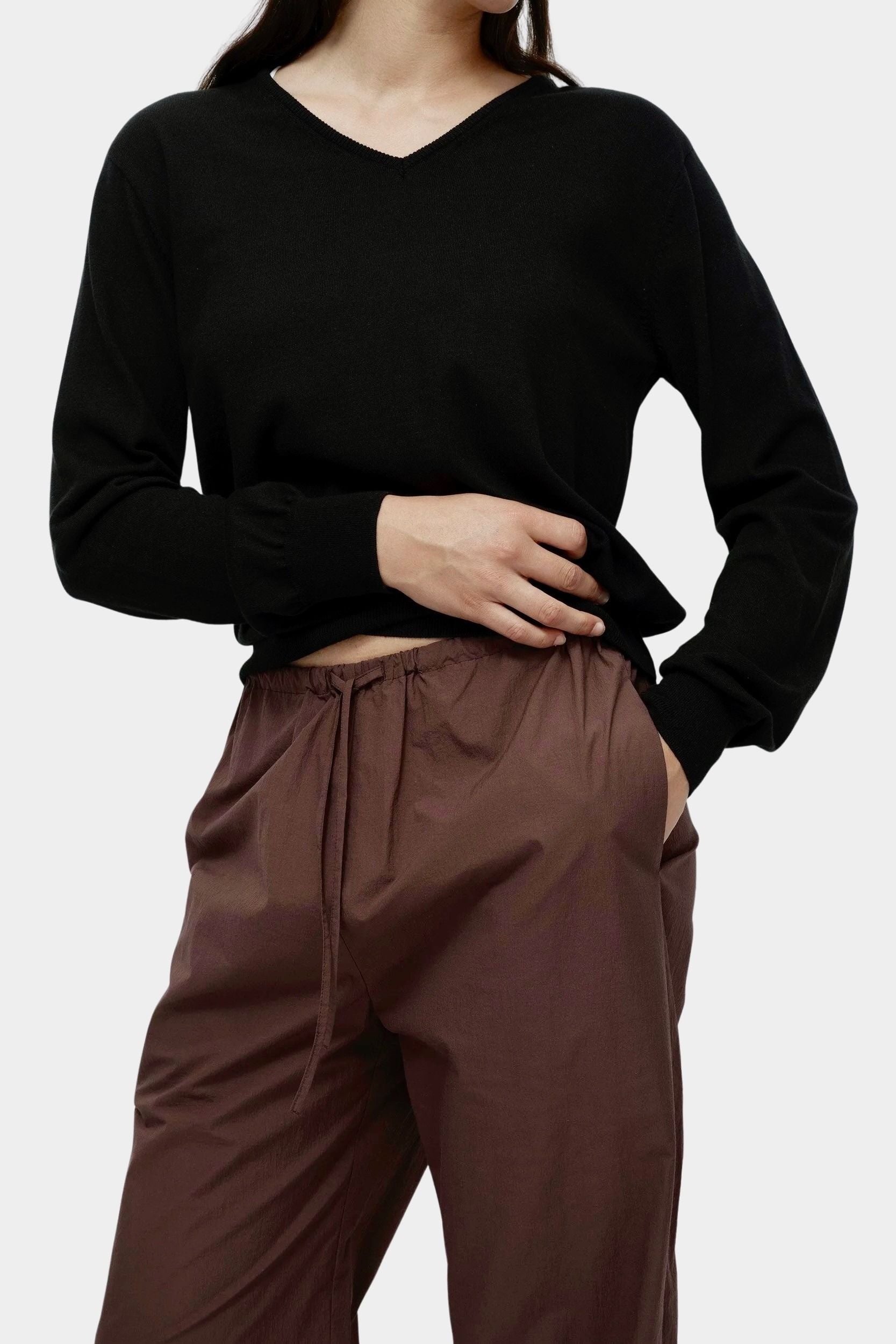 Mijeong Park cotton drawstring pants dark brown relaxed wide leg trousers elastic waist womens minimalist designer pants detail