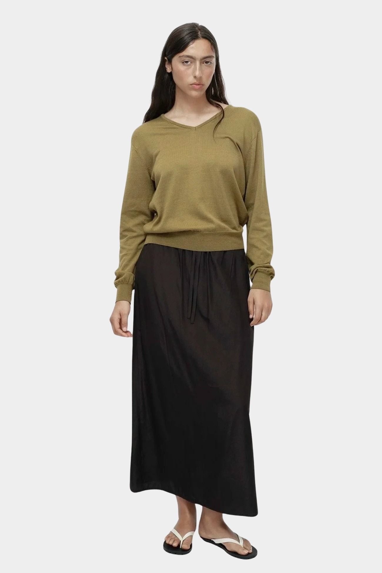 Mijeong Park drawstring midi skirt black lightweight satin elastic waist relaxed straight fit full length front view