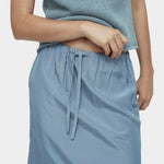 Mijeong Park blue drawstring midi skirt close-up elastic waistband drawstring lightweight satin fabric