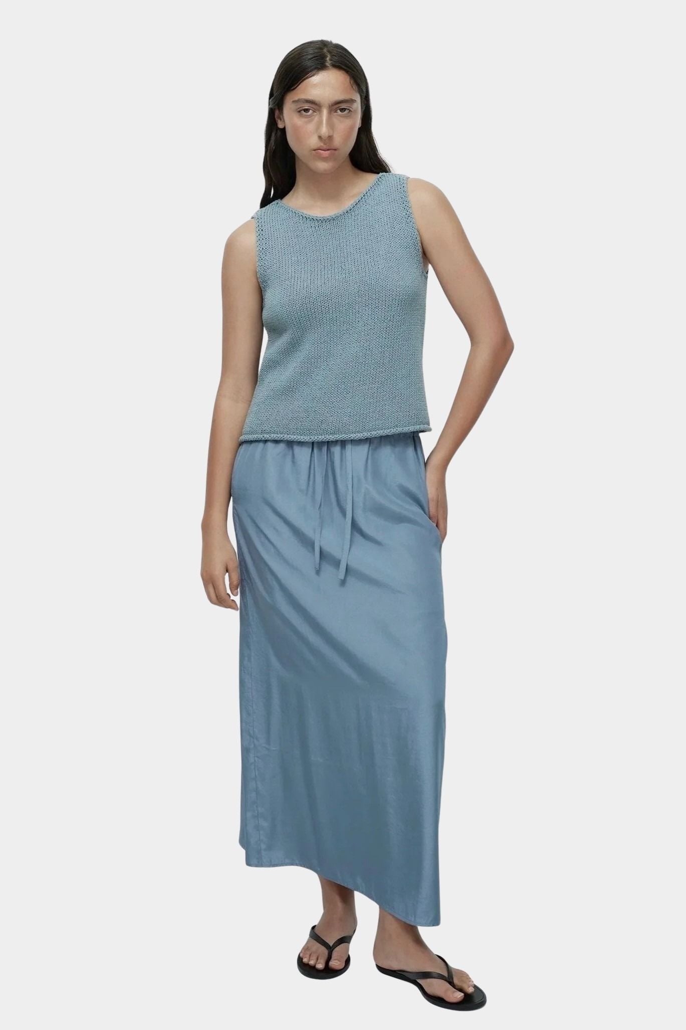 Mijeong Park drawstring midi skirt blue lightweight satin elastic waist relaxed fit front view