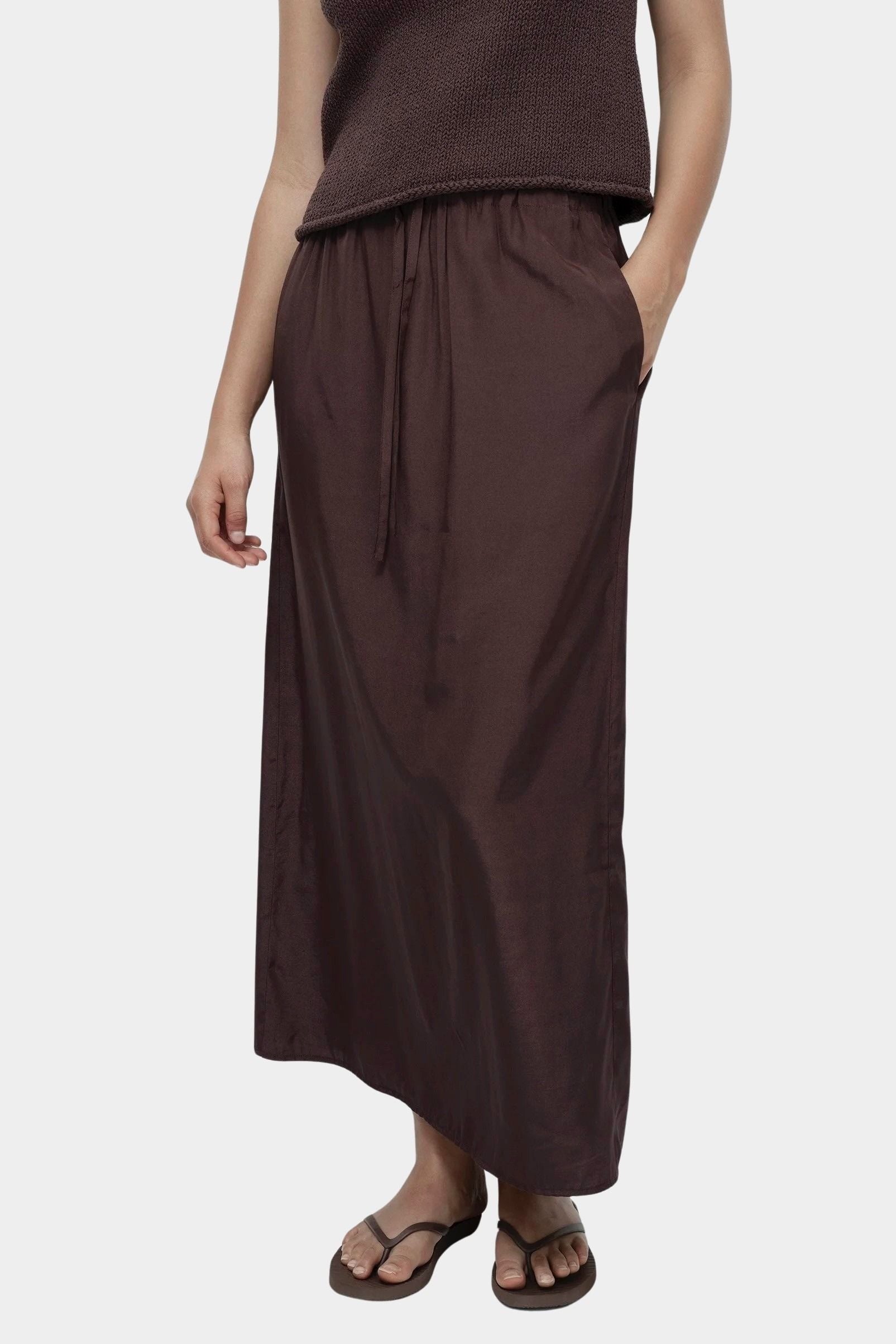 Mijeong Park dark brown drawstring midi skirt lightweight satin fabric elastic waistband relaxed fit