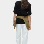 Mijeong Park oversized black cotton t shirt back view styled outfit with white wide leg trousers minimalist womens designer clothing