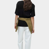Mijeong Park oversized black cotton t shirt back view styled outfit with white wide leg trousers minimalist womens designer clothing