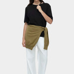 Mijeong Park oversized black cotton t shirt relaxed minimalist crewneck tee full outfit view with white wide leg pants
