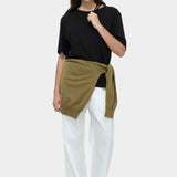 Mijeong Park oversized black cotton t shirt relaxed minimalist crewneck tee full outfit view with white wide leg pants