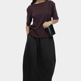 Mijeong Park oversized cotton t-shirt dark brown relaxed crewneck tee full outfit view styled with black skirt
