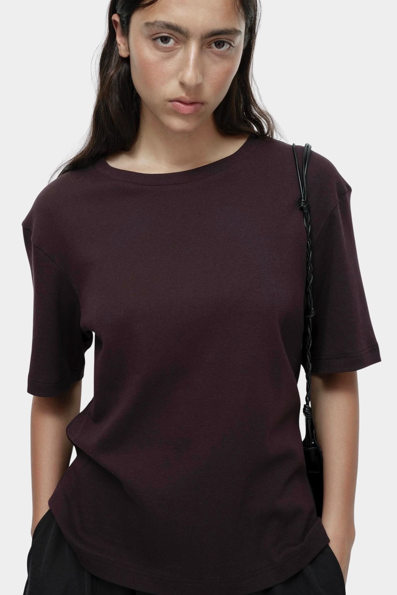Mijeong Park oversized cotton t-shirt dark brown relaxed crewneck tee front view minimalist short sleeve knit top
