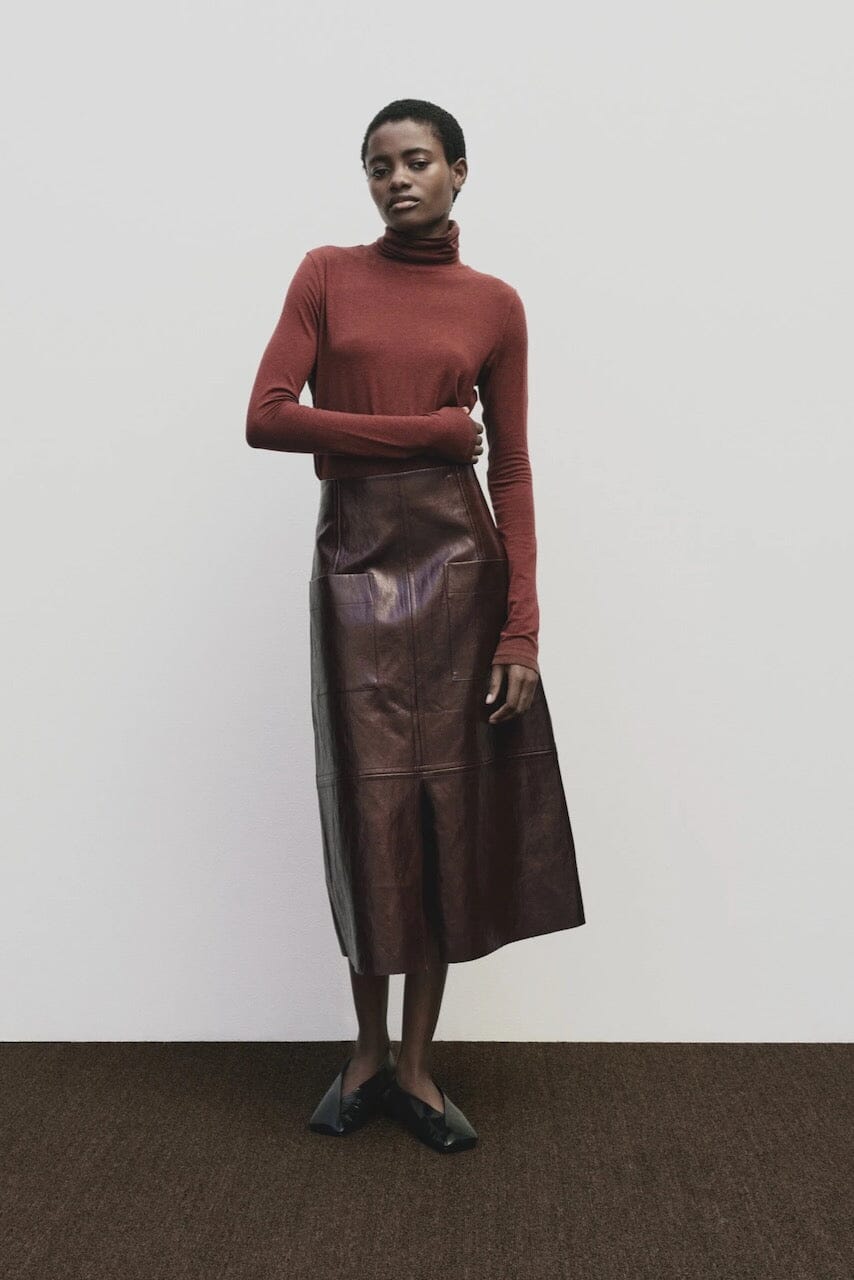 Burgundy slim fit roll neck jersey top in stretch Tencel cotton by Mijeong Park