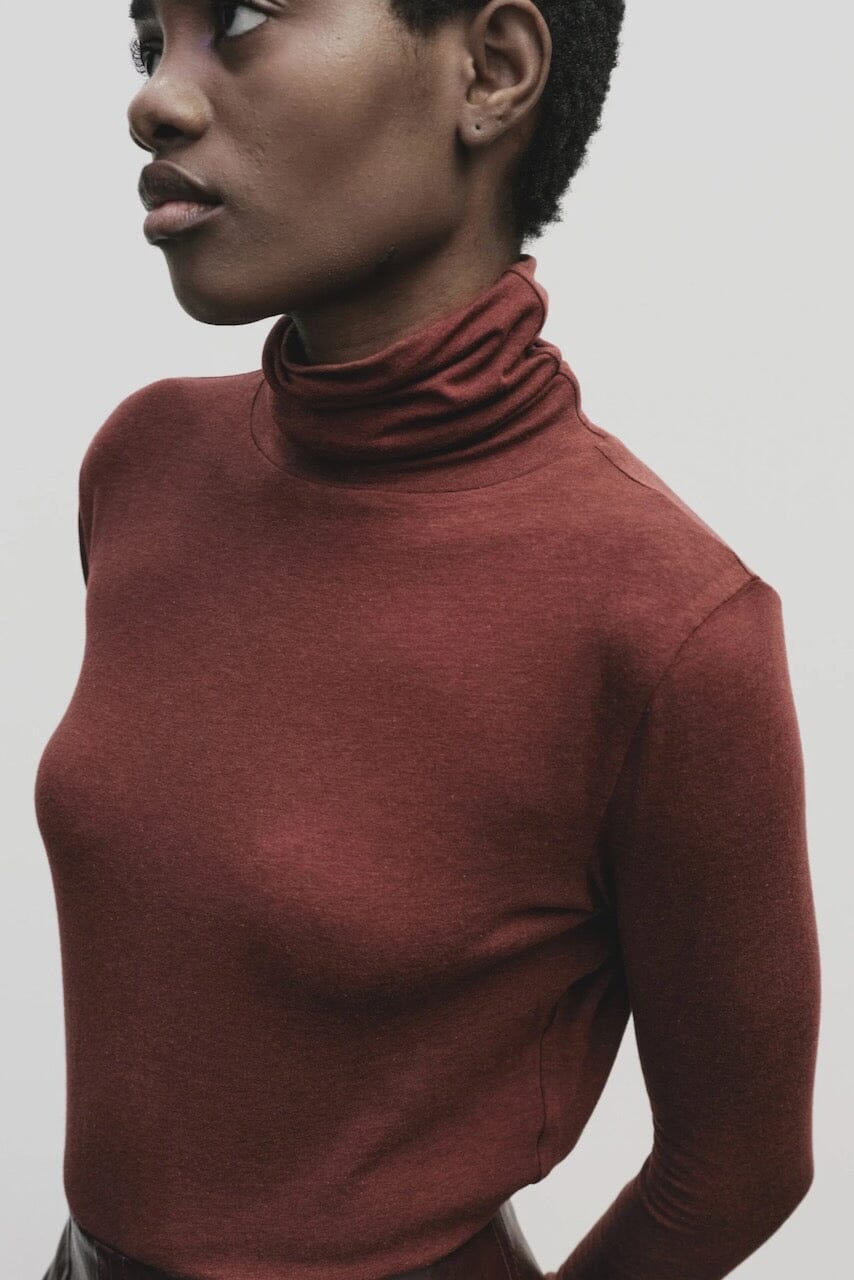 Burgundy slim fit roll neck jersey top in stretch Tencel cotton by Mijeong Park