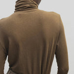 Light brown slim fit roll neck jersey top by Mijeong Park