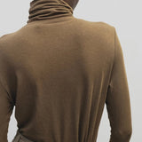 Light brown slim fit roll neck jersey top by Mijeong Park
