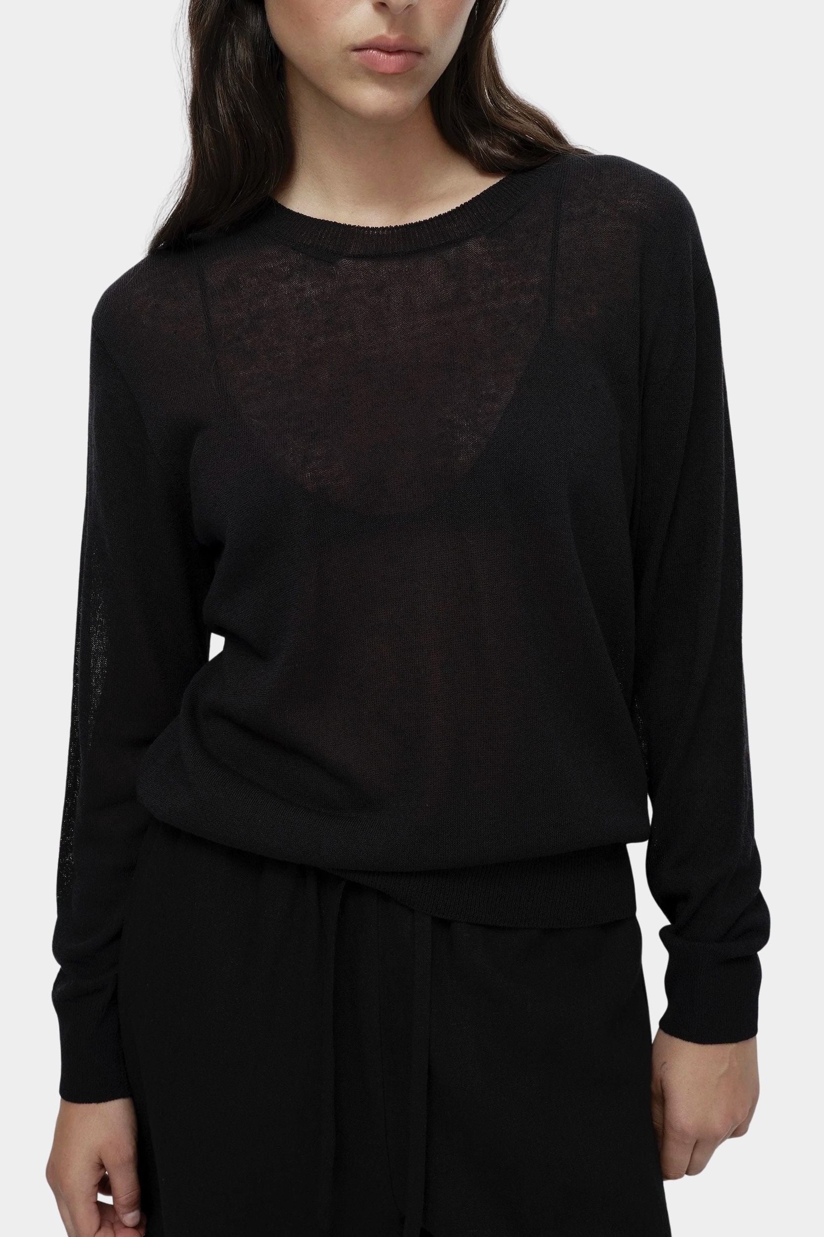 Detail of semi sheer black linen blend knit top by Mijeong Park showing lightweight sheer knit texture