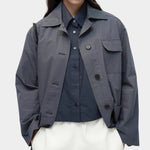Cropped navy cotton poplin short sleeve shirt with button front and chest pocket