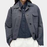 Cropped navy cotton poplin short sleeve shirt with button front and chest pocket