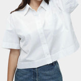 White cropped cotton poplin short sleeve shirt with oversized fit and chest pocket
