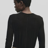 Black slim fit wool Tencel crewneck sweater by Mijeong Park
