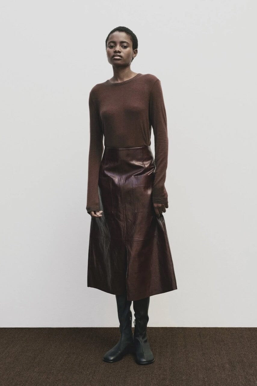 Brown slim fit wool Tencel crewneck sweater by Mijeong Park